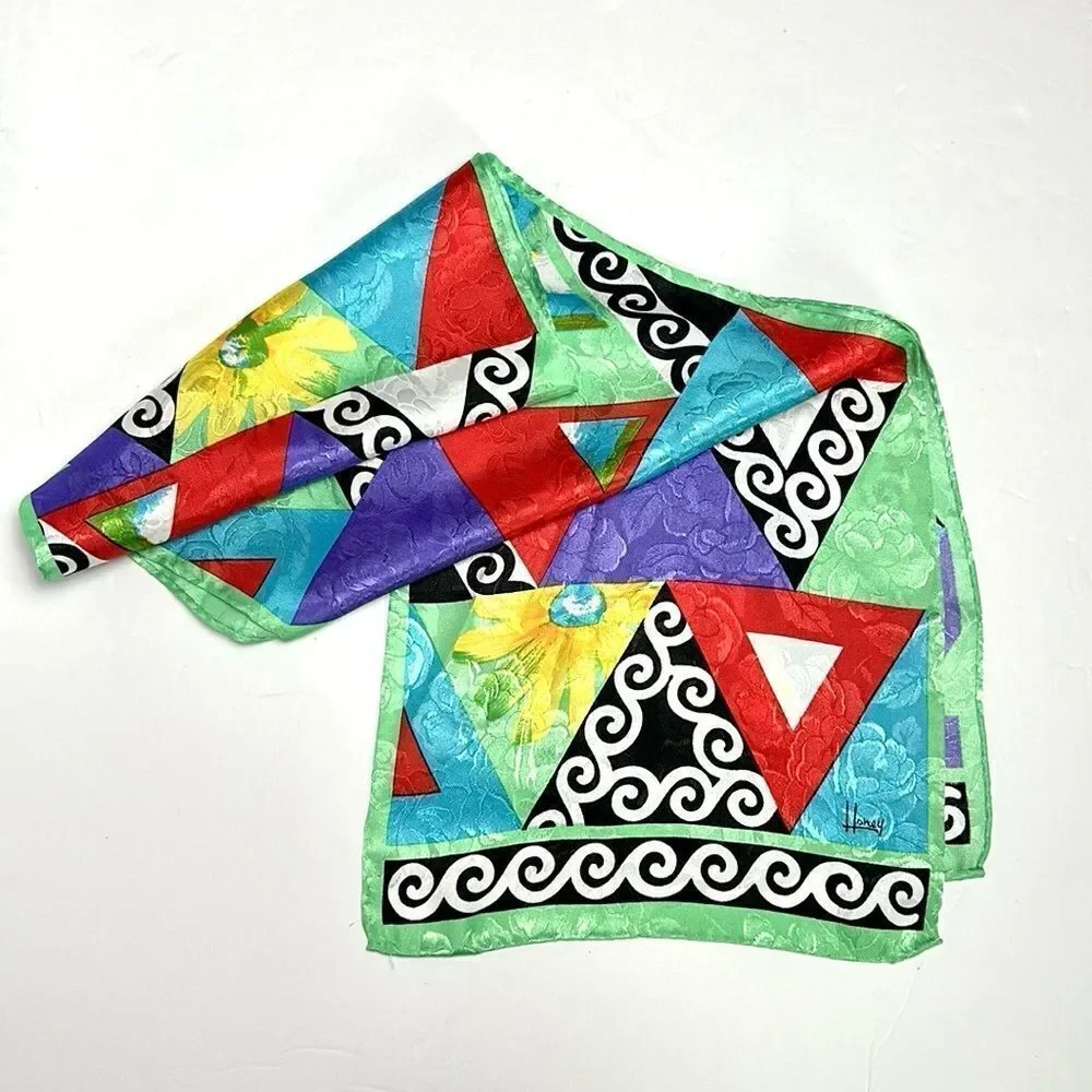 HONEY Silk Rectangle Scarf Colorful Geometric Pattern
